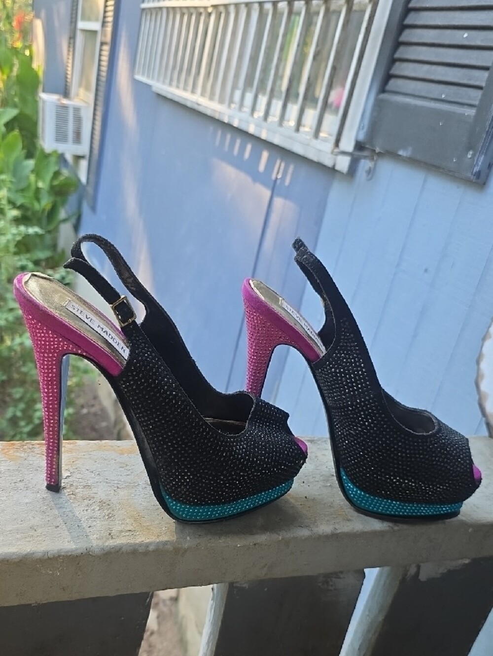Steve Madden Black Rhinestone Slingback Peep-Toe Heels with Pink & Teal Accents